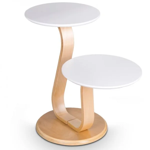 Table Basse Table d’Appoint à 2 Plateaux Ronds et 2 Hauteurs Capacité 10kg en Bouleau & Mdf 66x35x55cm Naturel+Blanc