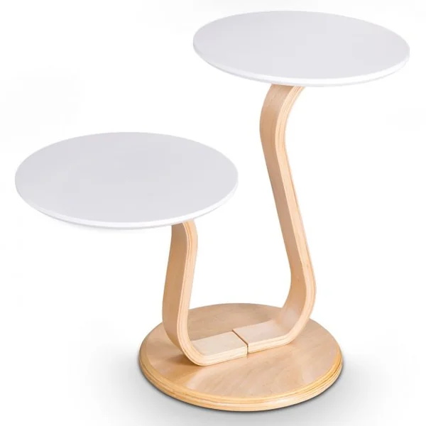 Table Basse Table d’Appoint à 2 Plateaux Ronds et 2 Hauteurs Capacité 10kg en Bouleau & Mdf 66x35x55cm Naturel+Blanc