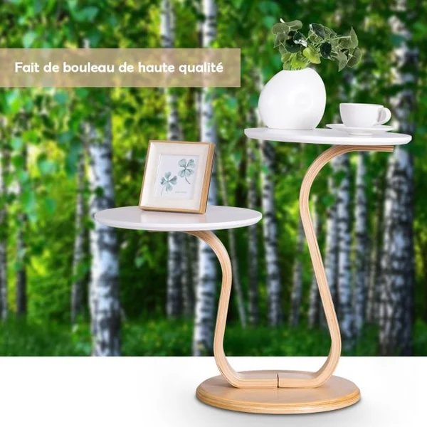 Table Basse Table d’Appoint à 2 Plateaux Ronds et 2 Hauteurs Capacité 10kg en Bouleau & Mdf 66x35x55cm Naturel+Blanc