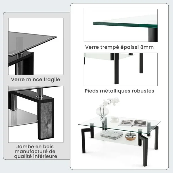 Table basse transparente en verre trempé à 2 Niveaux Table Basse Salon Moderne Rectangulaire à 4 Pieds en Fer 100 x 60 x 43 cm