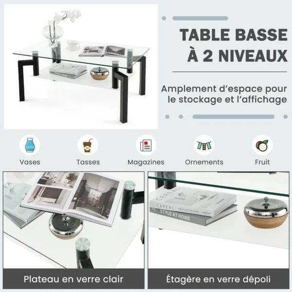 Table basse transparente en verre trempé à 2 Niveaux Table Basse Salon Moderne Rectangulaire à 4 Pieds en Fer 100 x 60 x 43 cm