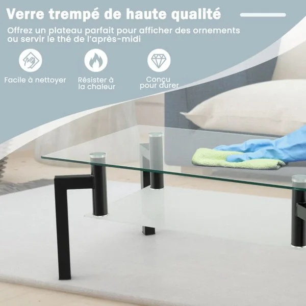 Table basse transparente en verre trempé à 2 Niveaux Table Basse Salon Moderne Rectangulaire à 4 Pieds en Fer 100 x 60 x 43 cm