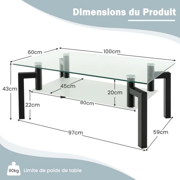 Table basse transparente en verre trempé à 2 Niveaux Table Basse Salon Moderne Rectangulaire à 4 Pieds en Fer 100 x 60 x 43 cm
