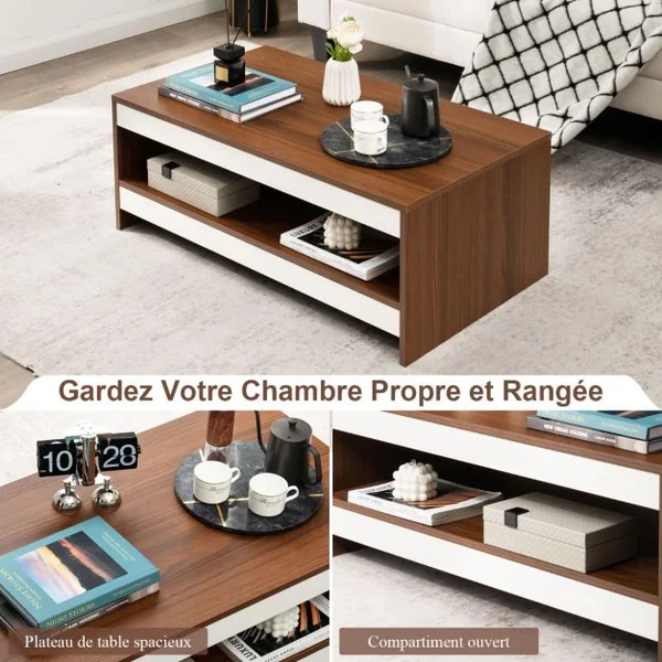 Table Basse à 2 Niveaux avec Étagère de Rangement Table de Salon Rectangulaire en Bois Moderne pour Salon Bureau Noyer