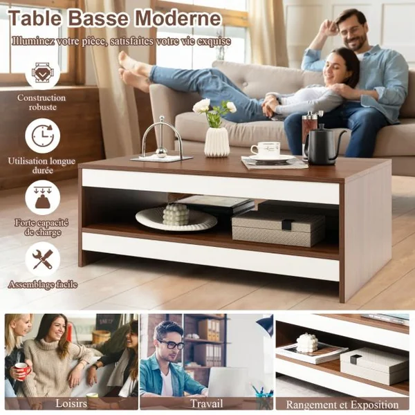 Table Basse à 2 Niveaux avec Étagère de Rangement Table de Salon Rectangulaire en Bois Moderne pour Salon Bureau Noyer
