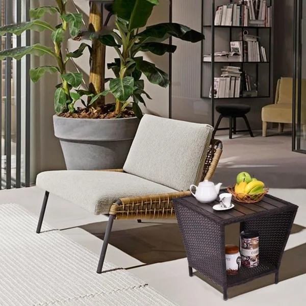 Table Basse à 2 Niveaux pour Terrasse Jardin Salon Style Moderne en Polyrotin Métal Bois Massif, 50x50x48cm, Marron