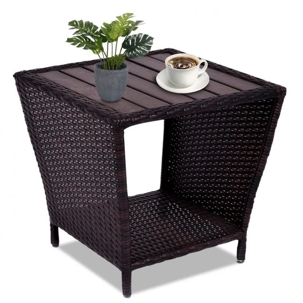 Table Basse à 2 Niveaux pour Terrasse Jardin Salon Style Moderne en Polyrotin Métal Bois Massif, 50x50x48cm, Marron