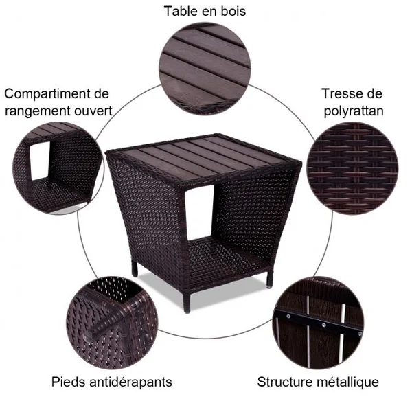 Table Basse à 2 Niveaux pour Terrasse Jardin Salon Style Moderne en Polyrotin Métal Bois Massif, 50x50x48cm, Marron