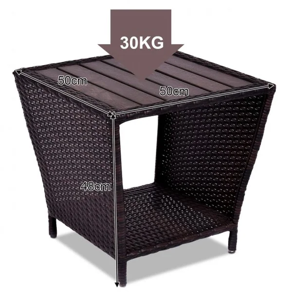 Table Basse à 2 Niveaux pour Terrasse Jardin Salon Style Moderne en Polyrotin Métal Bois Massif, 50x50x48cm, Marron