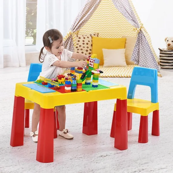 Table Blocs Construction 7 en 1 Table d’Activité avec 1 Table et 2 Chaises 3 à 8 Ans