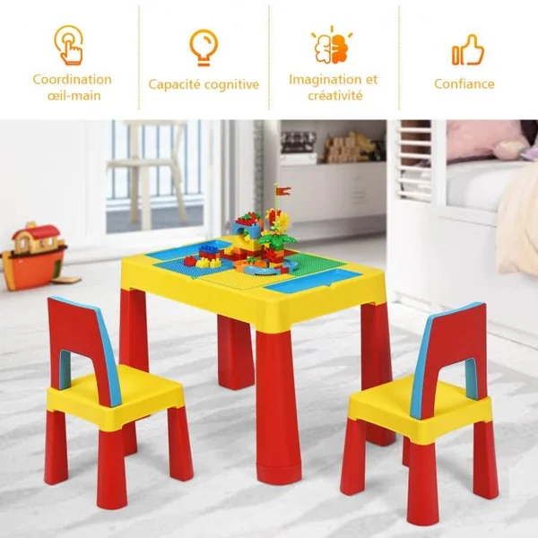 Table Blocs Construction 7 en 1 Table d’Activité avec 1 Table et 2 Chaises 3 à 8 Ans