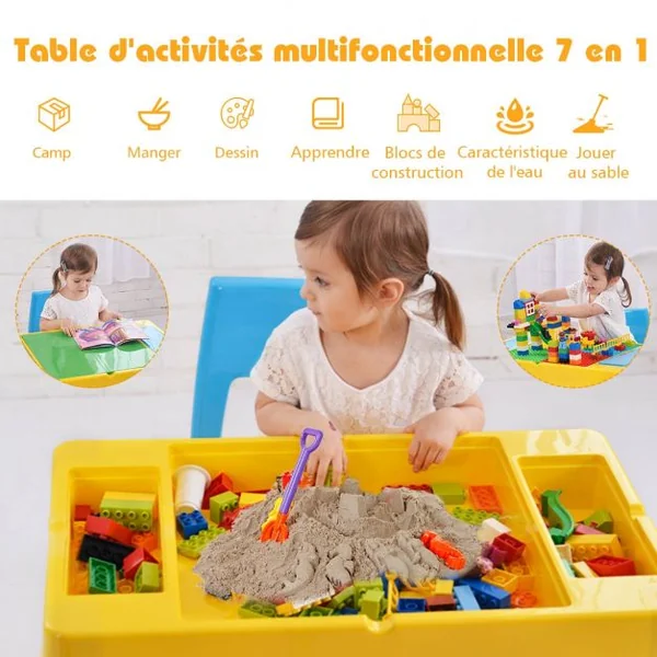 Table Blocs Construction 7 en 1 Table d’Activité avec 1 Table et 2 Chaises 3 à 8 Ans