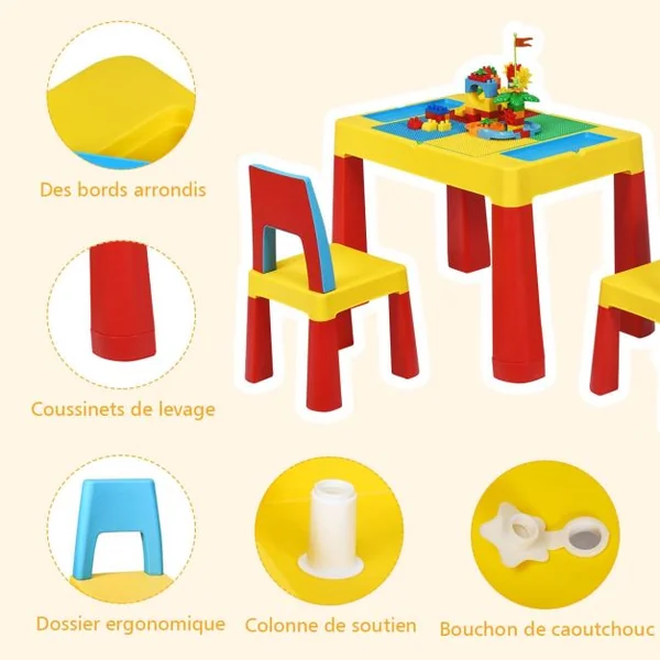 Table Blocs Construction 7 en 1 Table d’Activité avec 1 Table et 2 Chaises 3 à 8 Ans