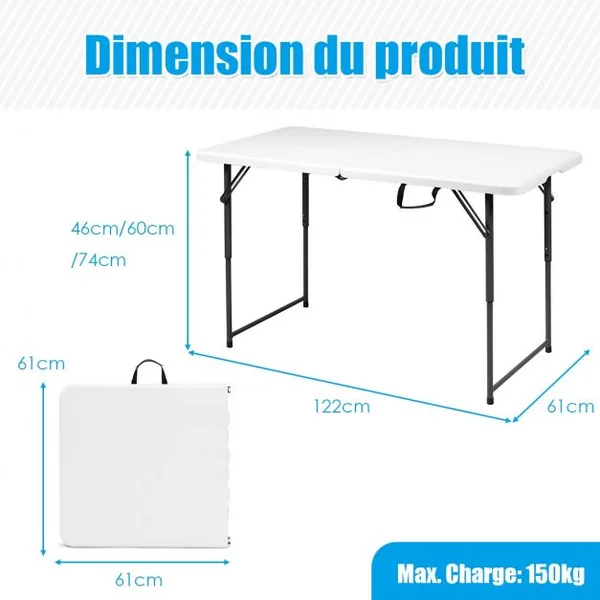 Table Camping Pliante 122 x 61CM 3 Hauteurs Réglables Charge 150KG en Plastique et Acier