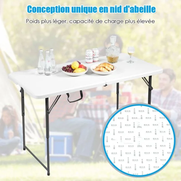 Table Camping Pliante 122 x 61CM 3 Hauteurs Réglables Charge 150KG en Plastique et Acier