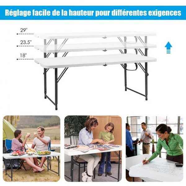 Table Camping Pliante 122 x 61CM 3 Hauteurs Réglables Charge 150KG en Plastique et Acier