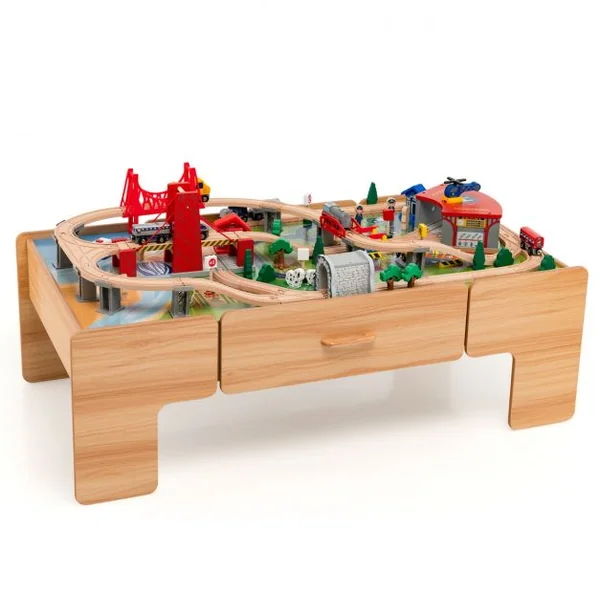 Table Circuit Train en Bois 100 Accessoires avec Tiroir de Rangement Jouet Educative pour Enfants 3 Ans +