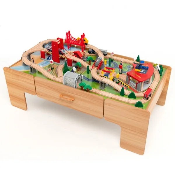 Table Circuit Train en Bois 100 Accessoires avec Tiroir de Rangement Jouet Educative pour Enfants 3 Ans +
