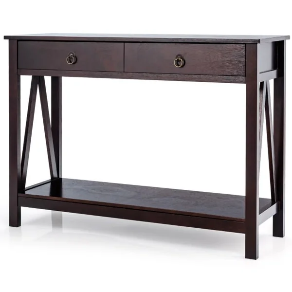 Table Console 2 Tiroirs Console Entrée 2 Étagères Cadre en X Console Meuble Bois pour Couloir Salon Entrée 106 x 35 x 78 cm Brun