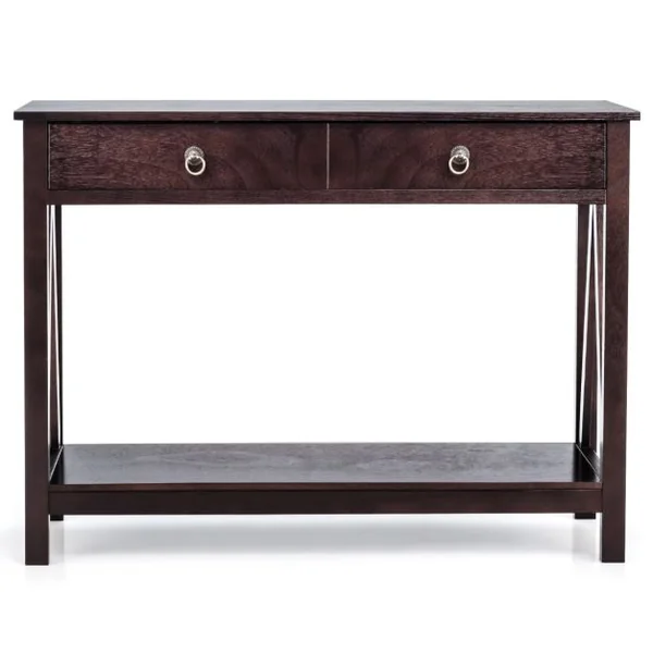 Table Console 2 Tiroirs Console Entrée 2 Étagères Cadre en X Console Meuble Bois pour Couloir Salon Entrée 106 x 35 x 78 cm Brun