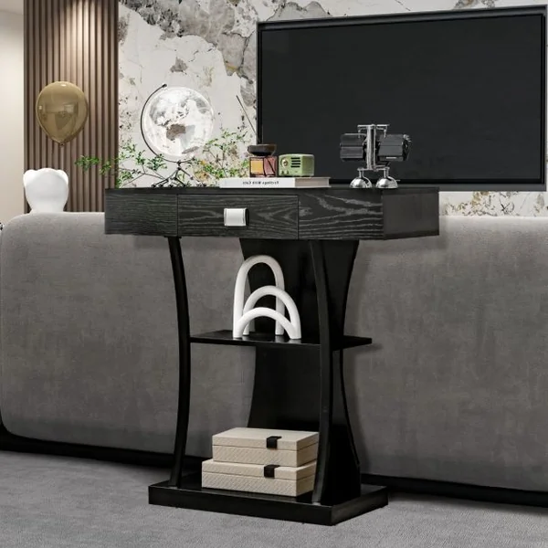Table Console 3 Étagères Meuble d'Entrée L91 x P30 x H88 Style Scandinave Dispositif Anti-Renversement Brun Rustique/Noir/Gris