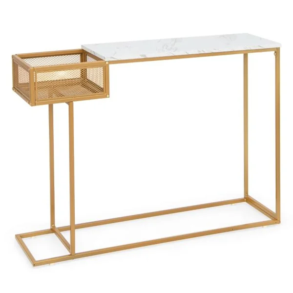 Table Console avec Rangement Table d’Appoint Imitation Marbre Blanc et Cadre en Métal Doré Table d'Entrée avec Panier en Fil Métallique