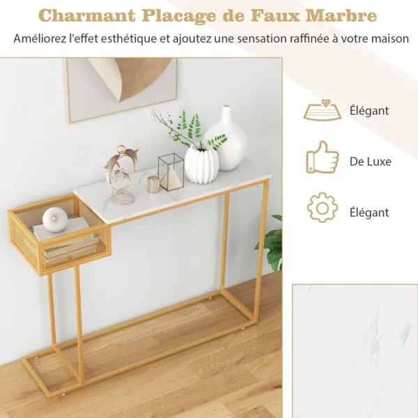 Table Console avec Rangement Table d’Appoint Imitation Marbre Blanc et Cadre en Métal Doré Table d'Entrée avec Panier en Fil Métallique