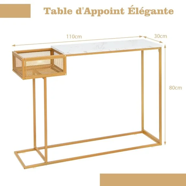 Table Console avec Rangement Table d’Appoint Imitation Marbre Blanc et Cadre en Métal Doré Table d'Entrée avec Panier en Fil Métallique