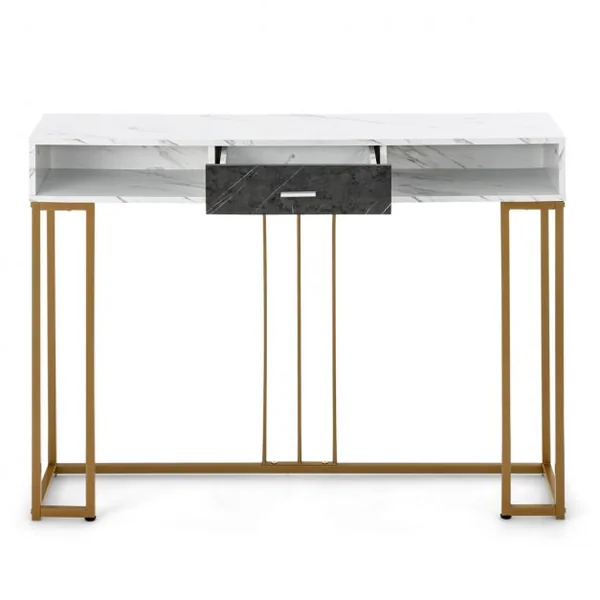 Table Console avec Tiroir Table d'Entrée à 2 Niveaux en Acier Doré Meuble d'Entrée Étroite pour Salon Couloir Blanc