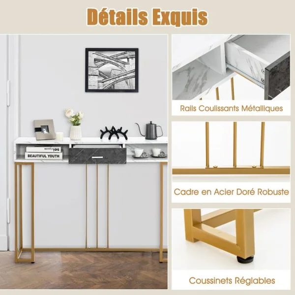Table Console avec Tiroir Table d'Entrée à 2 Niveaux en Acier Doré Meuble d'Entrée Étroite pour Salon Couloir Blanc