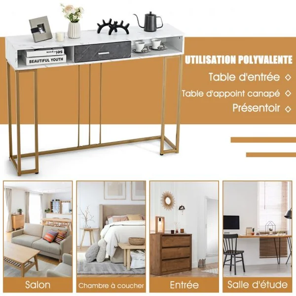 Table Console avec Tiroir Table d'Entrée à 2 Niveaux en Acier Doré Meuble d'Entrée Étroite pour Salon Couloir Blanc