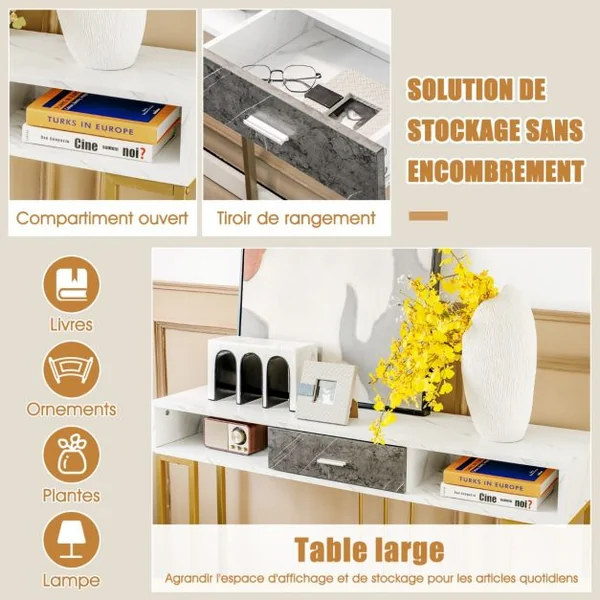 Table Console avec Tiroir Table d'Entrée à 2 Niveaux en Acier Doré Meuble d'Entrée Étroite pour Salon Couloir Blanc