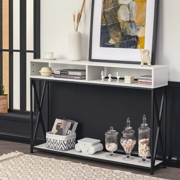 Table Console de Style Industriel 120 x 23 x 79 CM Structure en Acier Meuble d'Entrée Anti-Basculement Blanc/Marron/Noir