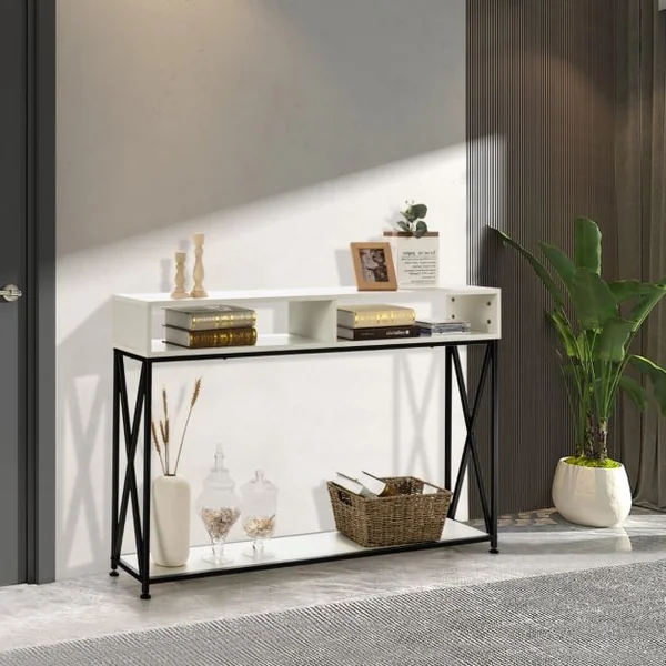 Table Console de Style Industriel 120 x 23 x 79 CM Structure en Acier Meuble d'Entrée Anti-Basculement Blanc/Marron/Noir