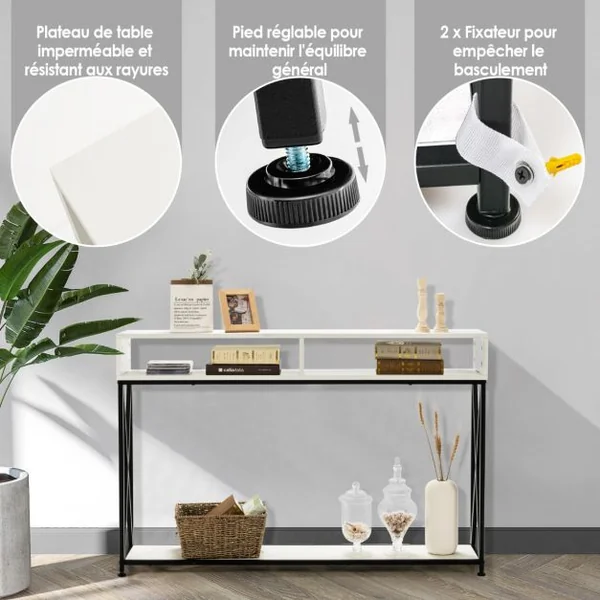 Table Console de Style Industriel 120 x 23 x 79 CM Structure en Acier Meuble d'Entrée Anti-Basculement Blanc/Marron/Noir