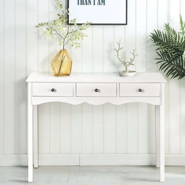 Table Console D'entrée Vintage avec 3 Tiroirs Capacité Plateau 50 Kg et Tiroir 5 Kg en Mdf 100x32x75cm Blanc