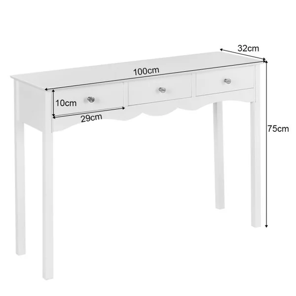 Table Console D'entrée Vintage avec 3 Tiroirs Capacité Plateau 50 Kg et Tiroir 5 Kg en Mdf 100x32x75cm Blanc