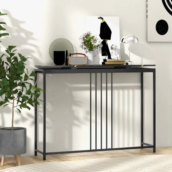 Table Console Effect Marbre 120 x 30 x 90 CM (L x l x H) Cadre en Acier Table d'Entrée Style Moderne Simple Noir