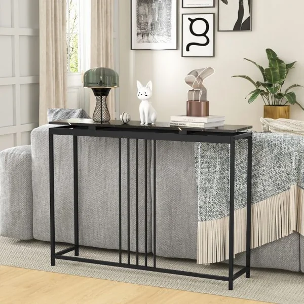 Table Console Effect Marbre 120 x 30 x 90 CM (L x l x H) Cadre en Acier Table d'Entrée Style Moderne Simple Noir