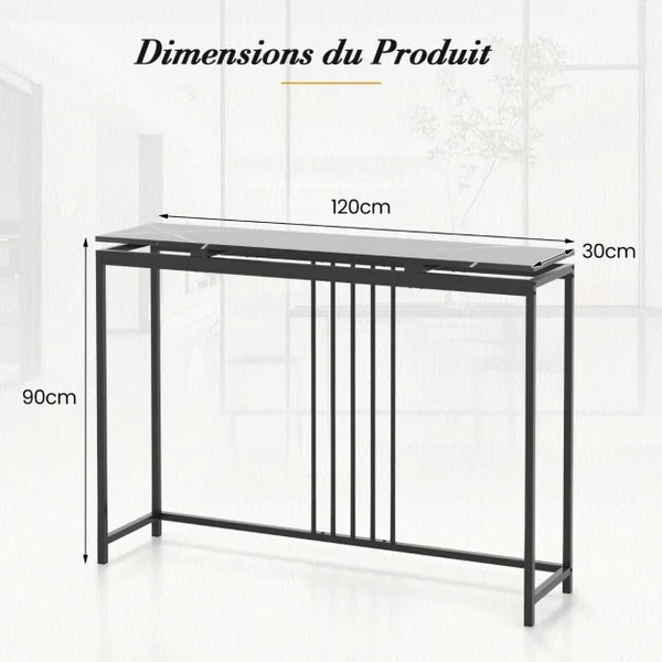 Table Console Effect Marbre 120 x 30 x 90 CM (L x l x H) Cadre en Acier Table d'Entrée Style Moderne Simple Noir