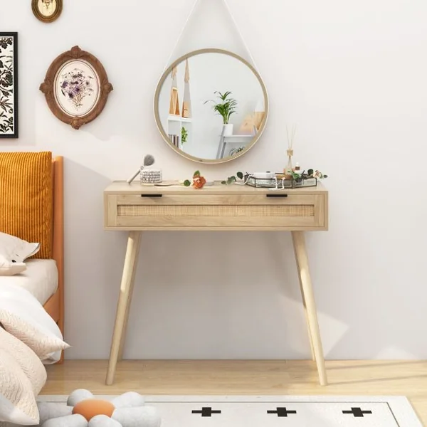 Table Console en Rotin avec Tiroir Coulissant table d’Entrée de Style Bohème Table d’Appoint de Canapé en Bois Table de Coiffeuse Naturel