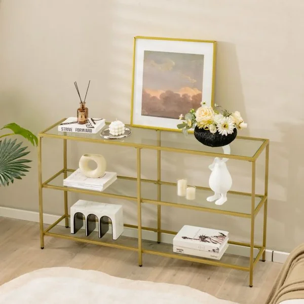 Table Console en Verre Trempé à 3 Niveaux Cadre Métallique Table d'Entrée Moderne pour Salon Bureau 130x30x73cm Doré