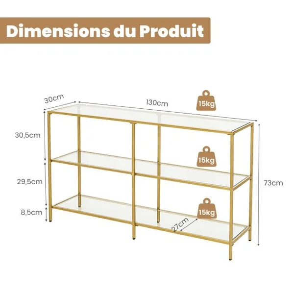 Table Console en Verre Trempé à 3 Niveaux Cadre Métallique Table d'Entrée Moderne pour Salon Bureau 130x30x73cm Doré