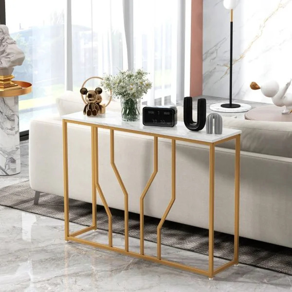 Table Console Meuble d'Entrée Effet Marbre 110 x 30 x 80 CM Design Géométrique Moderne Cadre en Métal Doré Blanc