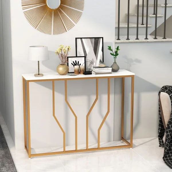 Table Console Meuble d'Entrée Effet Marbre 110 x 30 x 80 CM Design Géométrique Moderne Cadre en Métal Doré Blanc