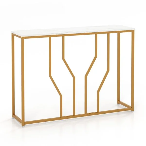 Table Console Meuble d'Entrée Effet Marbre 110 x 30 x 80 CM Design Géométrique Moderne Cadre en Métal Doré Blanc