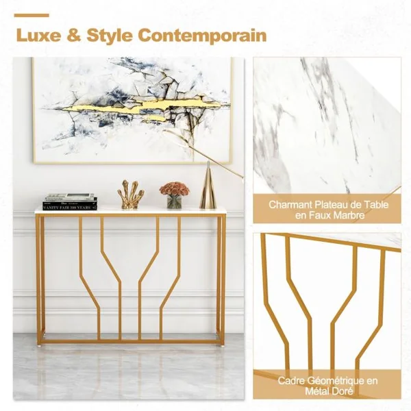 Table Console Meuble d'Entrée Effet Marbre 110 x 30 x 80 CM Design Géométrique Moderne Cadre en Métal Doré Blanc