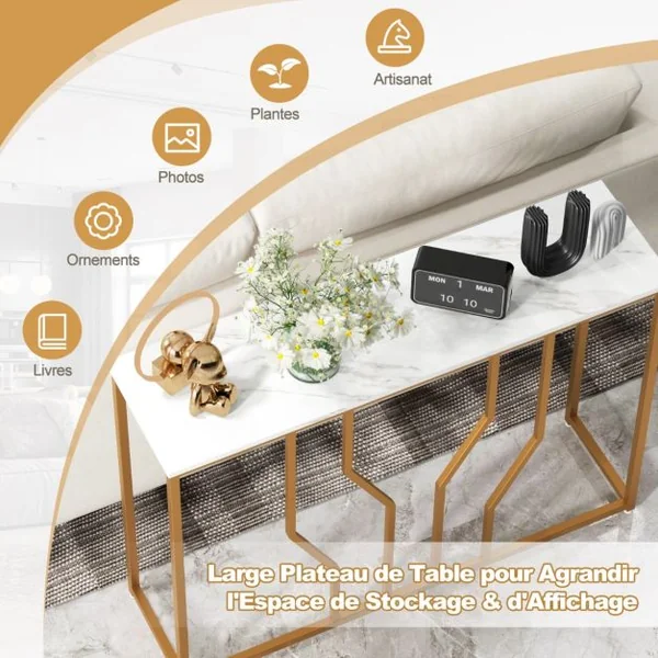 Table Console Meuble d'Entrée Effet Marbre 110 x 30 x 80 CM Design Géométrique Moderne Cadre en Métal Doré Blanc