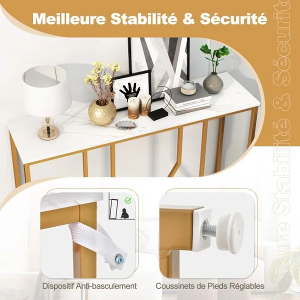 Table Console Meuble d'Entrée Effet Marbre 110 x 30 x 80 CM Design Géométrique Moderne Cadre en Métal Doré Blanc