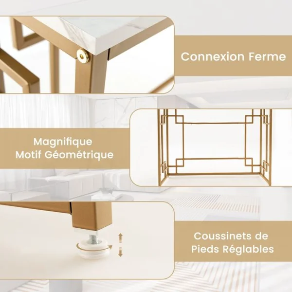 Table Console Meuble d'Entrée en Faux Marbre Cadre en Métal Doré Design Géométrique Kit Anti-Basculement 110 x 30 x 81 cm Blanc